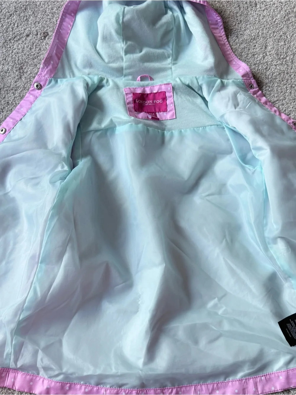 London Fog girls pink polka dot rain jacket with cat face/ears hood size 5/6